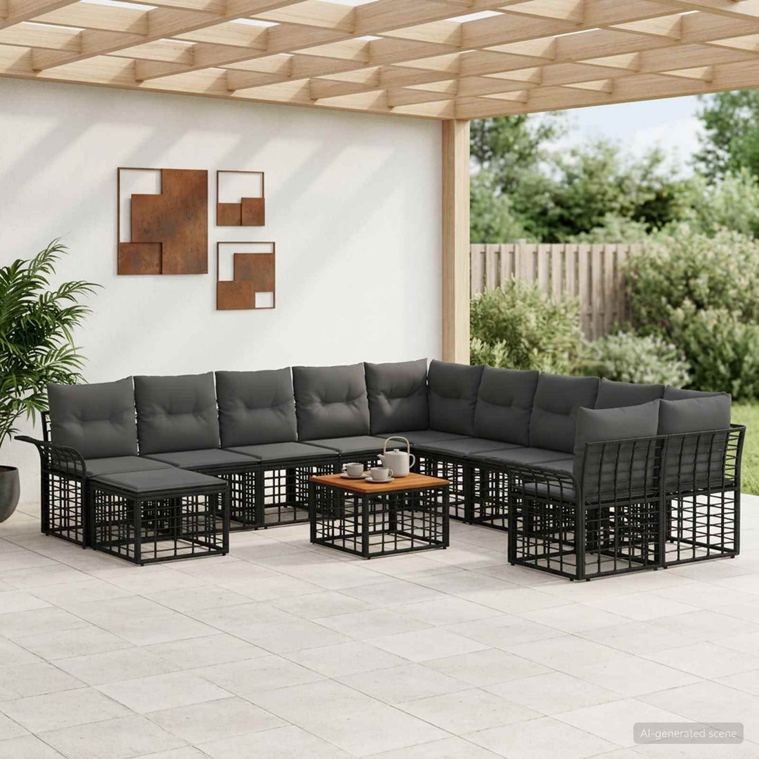 vidaXL Conjunto de sofás de exterior 12 uds. Negro y Gris oscuro