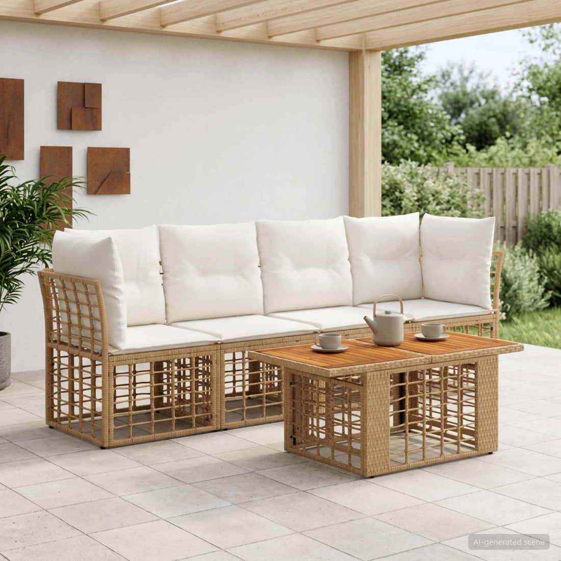 vidaXL Conjunto de sofás de jardín 5 uds. Natural y Crema
