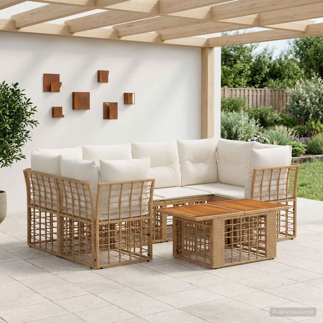 vidaXL Conjunto de sofás de jardín 7 uds. Natural y Crema