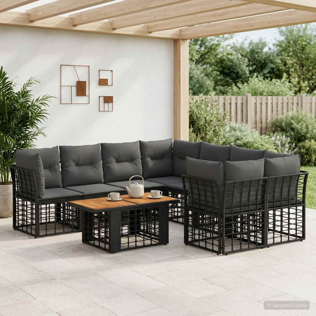 vidaXL Conjunto de sofás de jardín 9 uds. Negro y gris oscuro