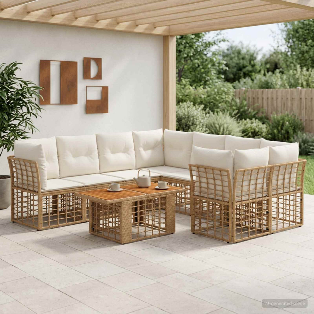 vidaXL Conjunto de sofás de jardín 9 uds. Natural y Crema