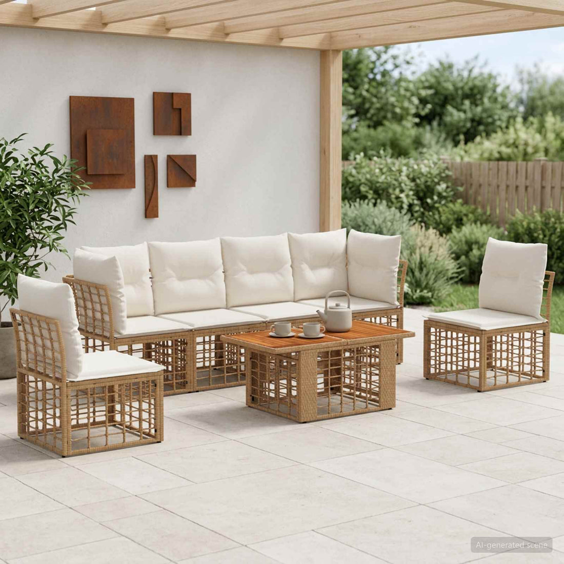 vidaXL Conjunto de sofás de jardín 7 uds. Natural y Crema