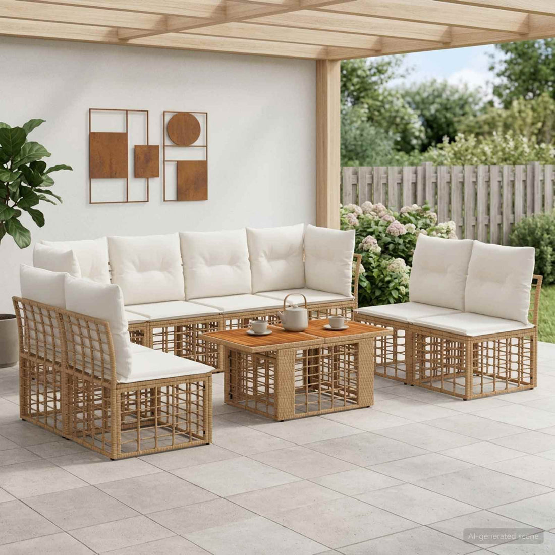 vidaXL Conjunto de sofás de jardín 9 uds. Natural y Crema
