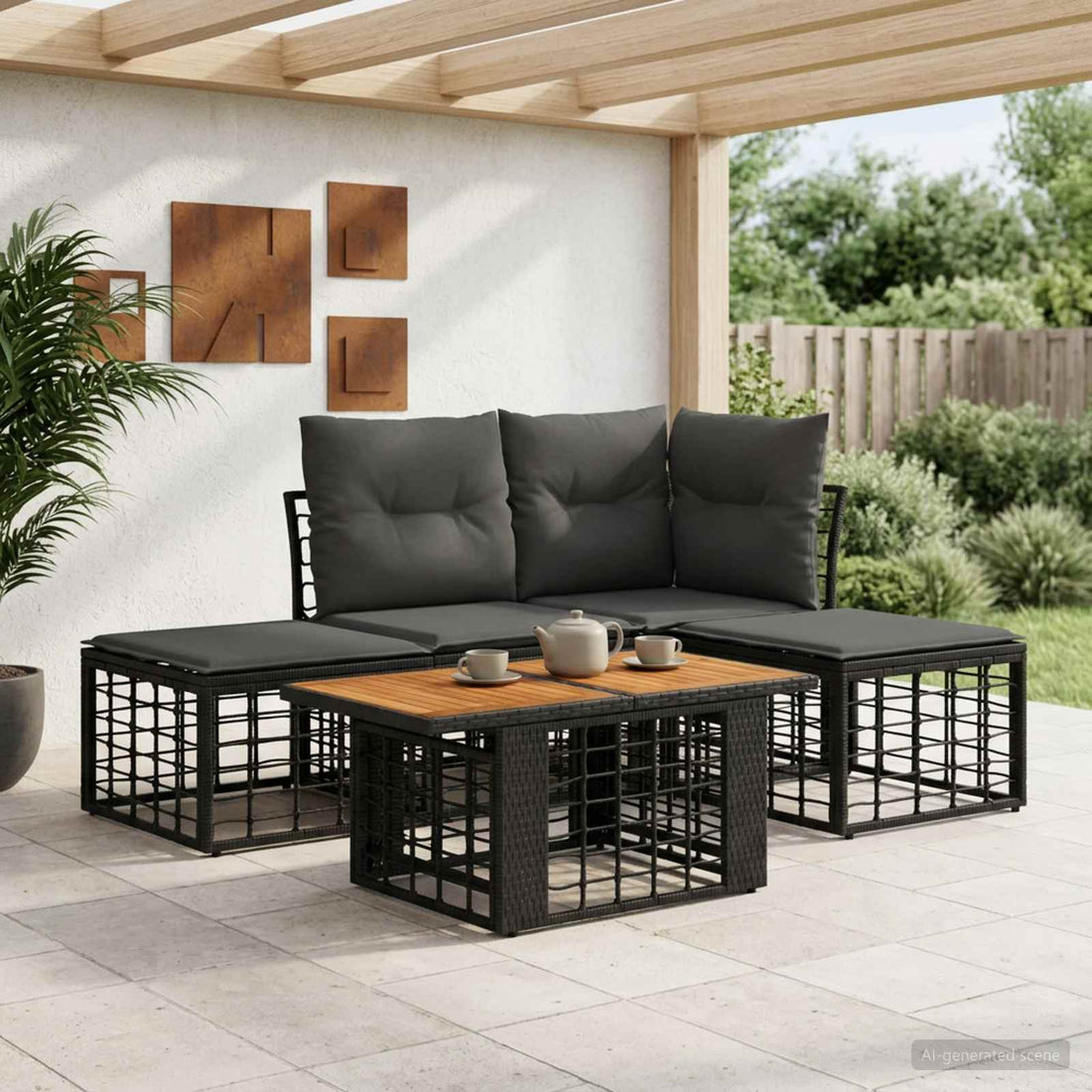 vidaXL Conjunto de sofás de jardín 5 uds. Negro y gris oscuro