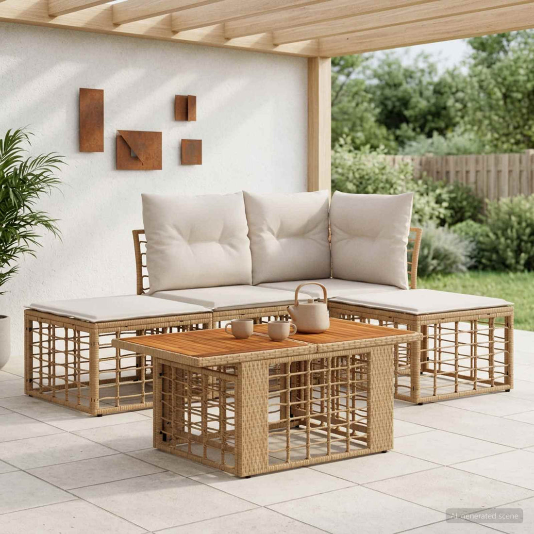vidaXL Conjunto de sofás de jardín 5 uds. Natural y Crema