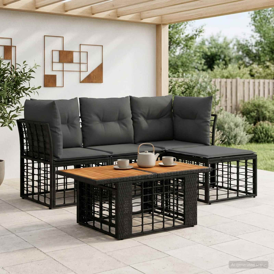 vidaXL Conjunto de sofás de jardín 5 uds. Negro y gris oscuro
