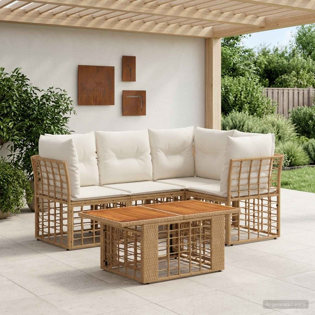 vidaXL Conjunto de sofás de jardín 5 uds. Natural y Crema