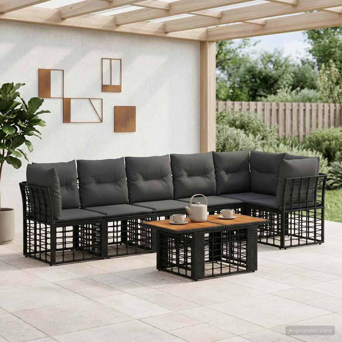 vidaXL Conjunto de sofás de jardín 7 uds. Negro y gris oscuro
