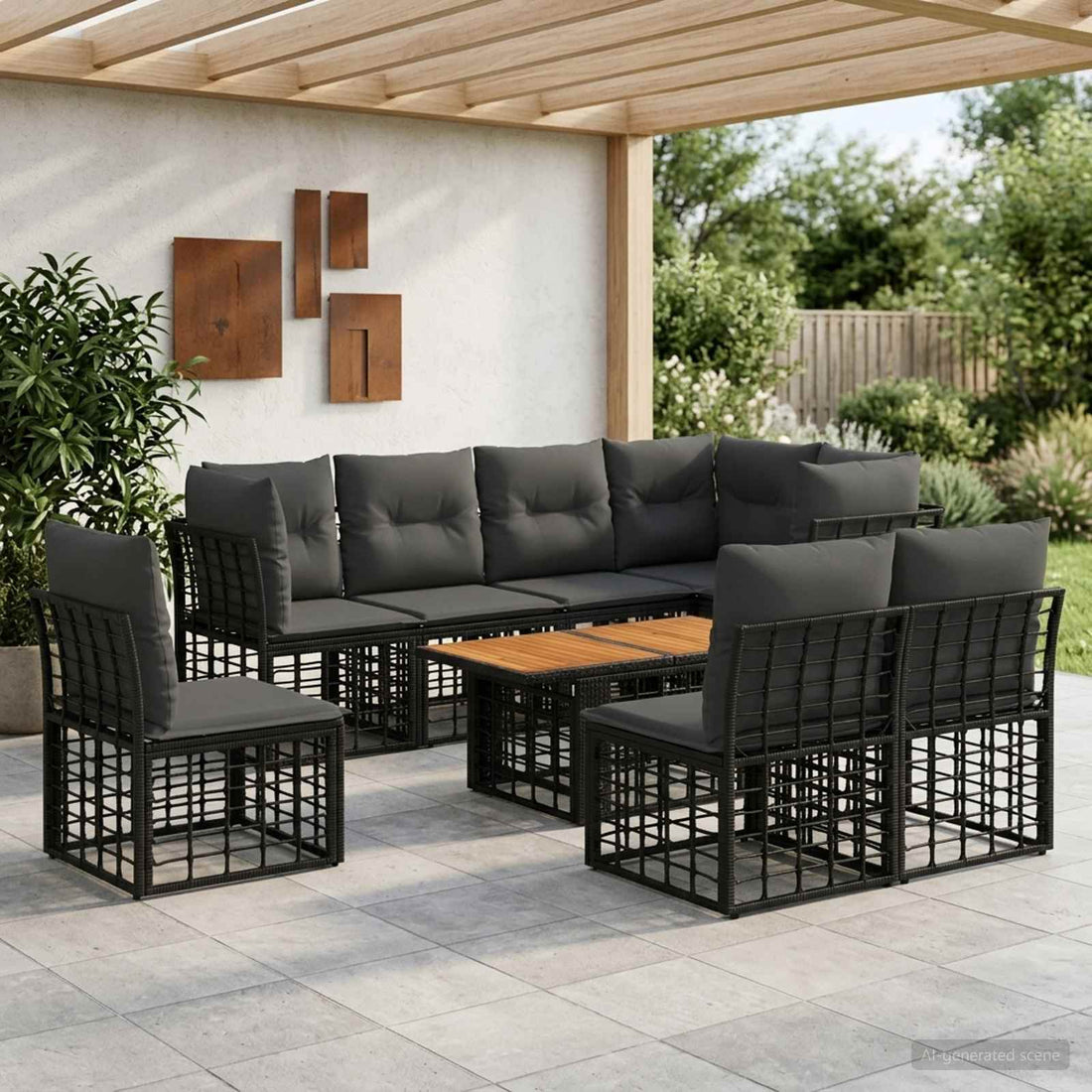 vidaXL Conjunto de sofás de jardín 9 uds. Negro y gris oscuro