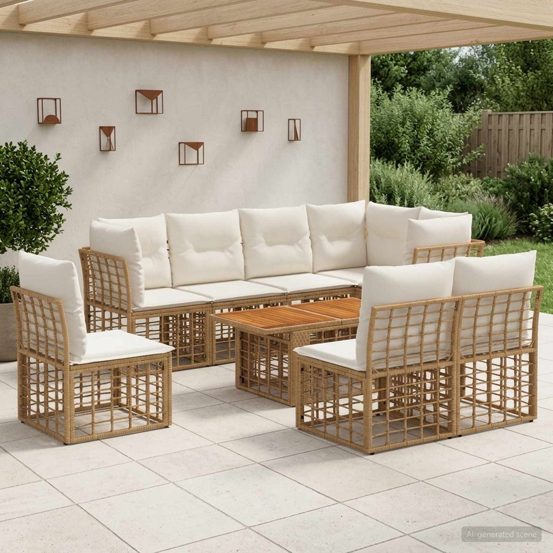 vidaXL Conjunto de sofás de jardín 9 uds. Natural y Crema