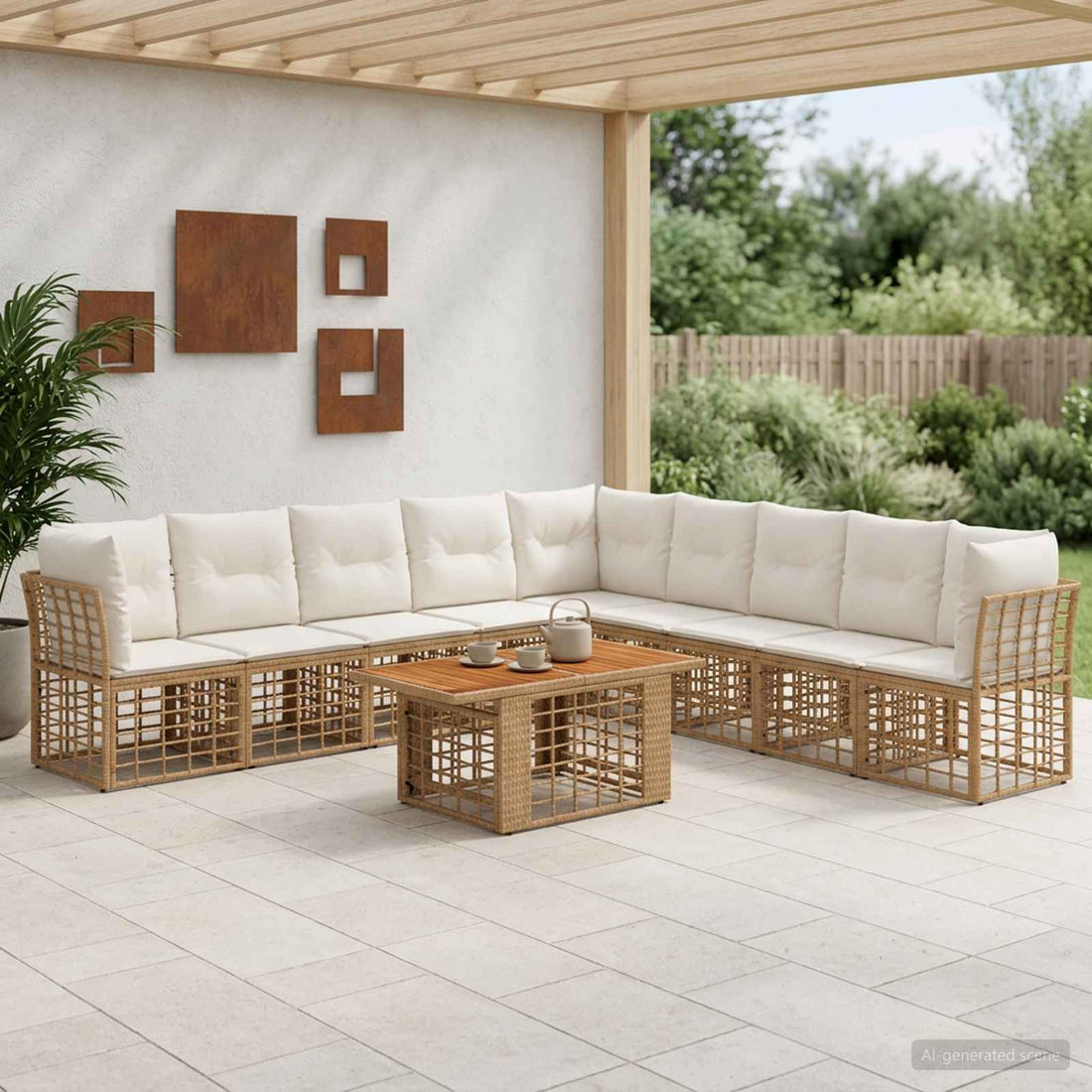 vidaXL Conjunto de sofás de jardín 10 uds. Natural y Crema