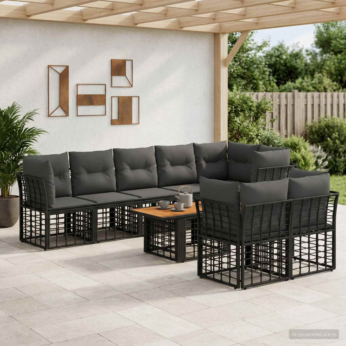vidaXL Conjunto de sofás de jardín 9 uds. Negro y gris oscuro