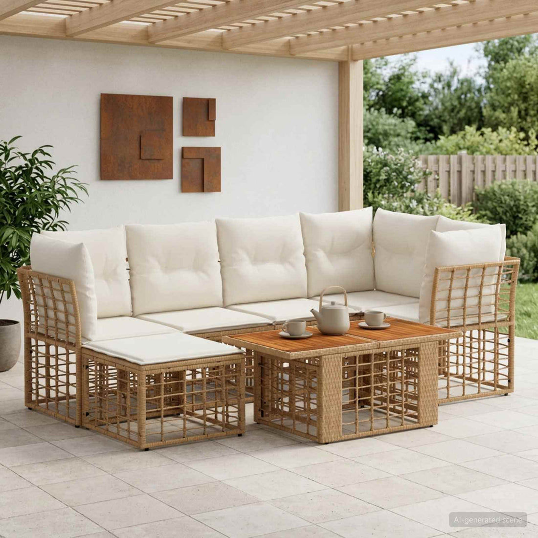 vidaXL Conjunto de sofás de jardín 7 uds. Natural y Crema
