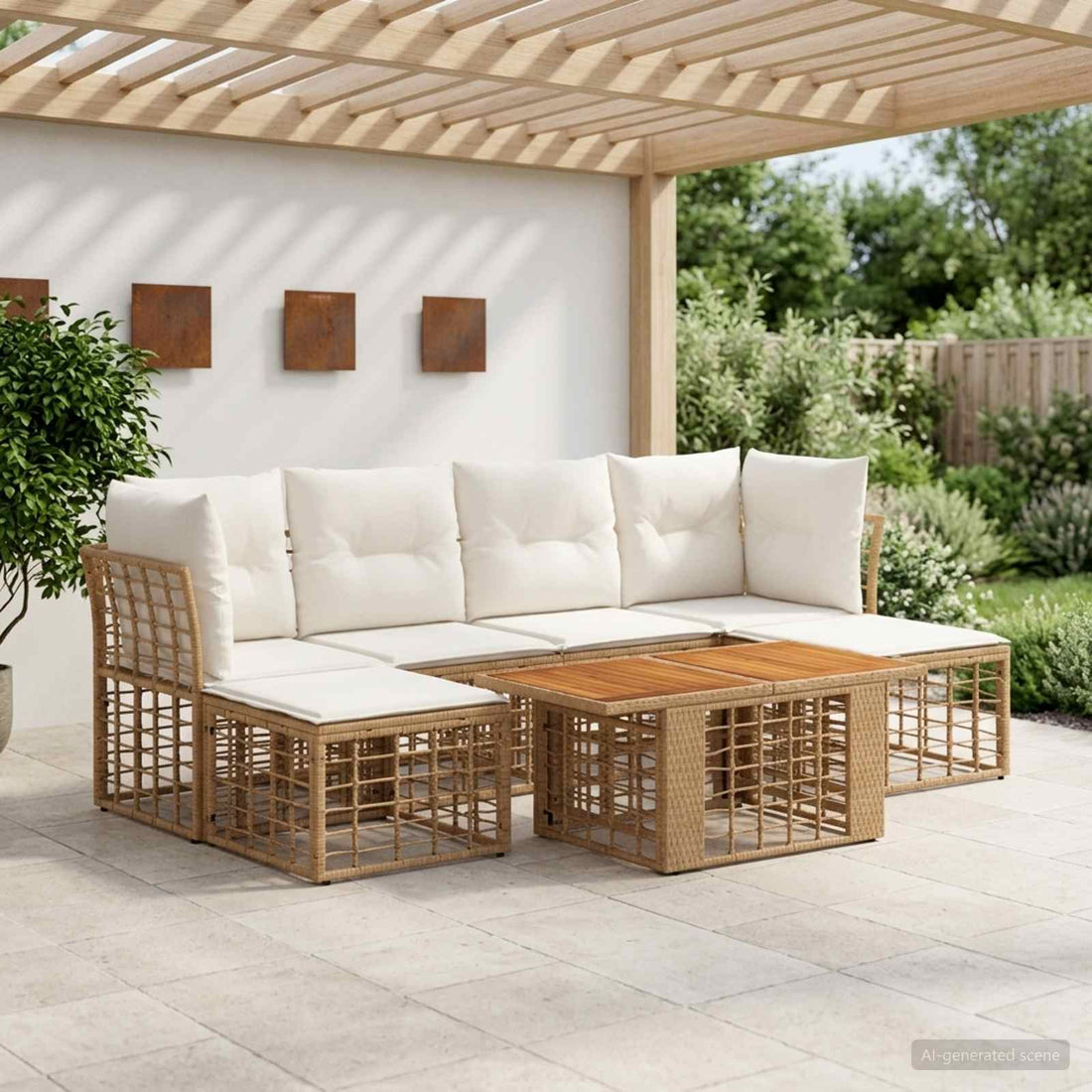 vidaXL Conjunto de sofás de jardín 7 uds. Natural y Crema