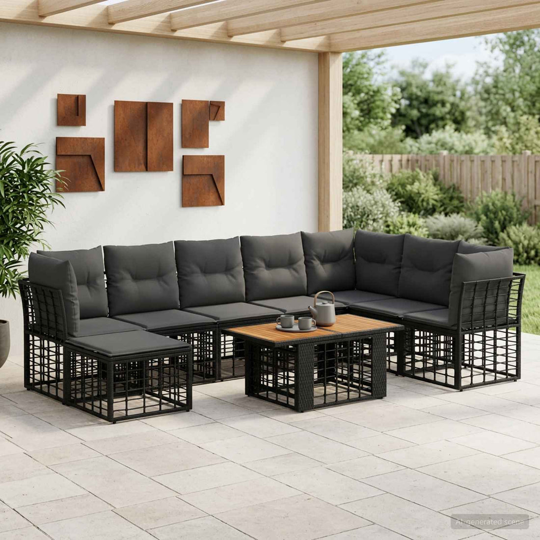vidaXL Conjunto de sofás de jardín 9 uds. Negro y gris oscuro