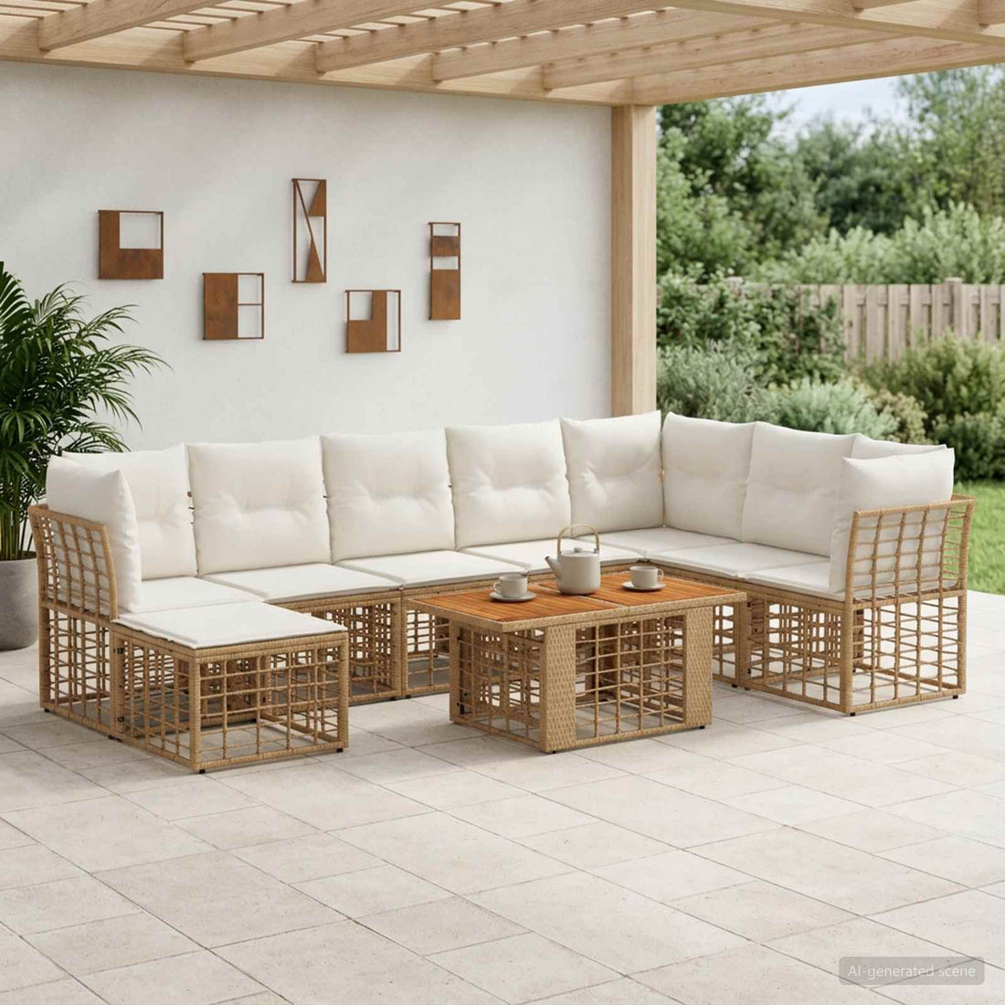 vidaXL Conjunto de sofás de jardín 9 uds. Natural y Crema