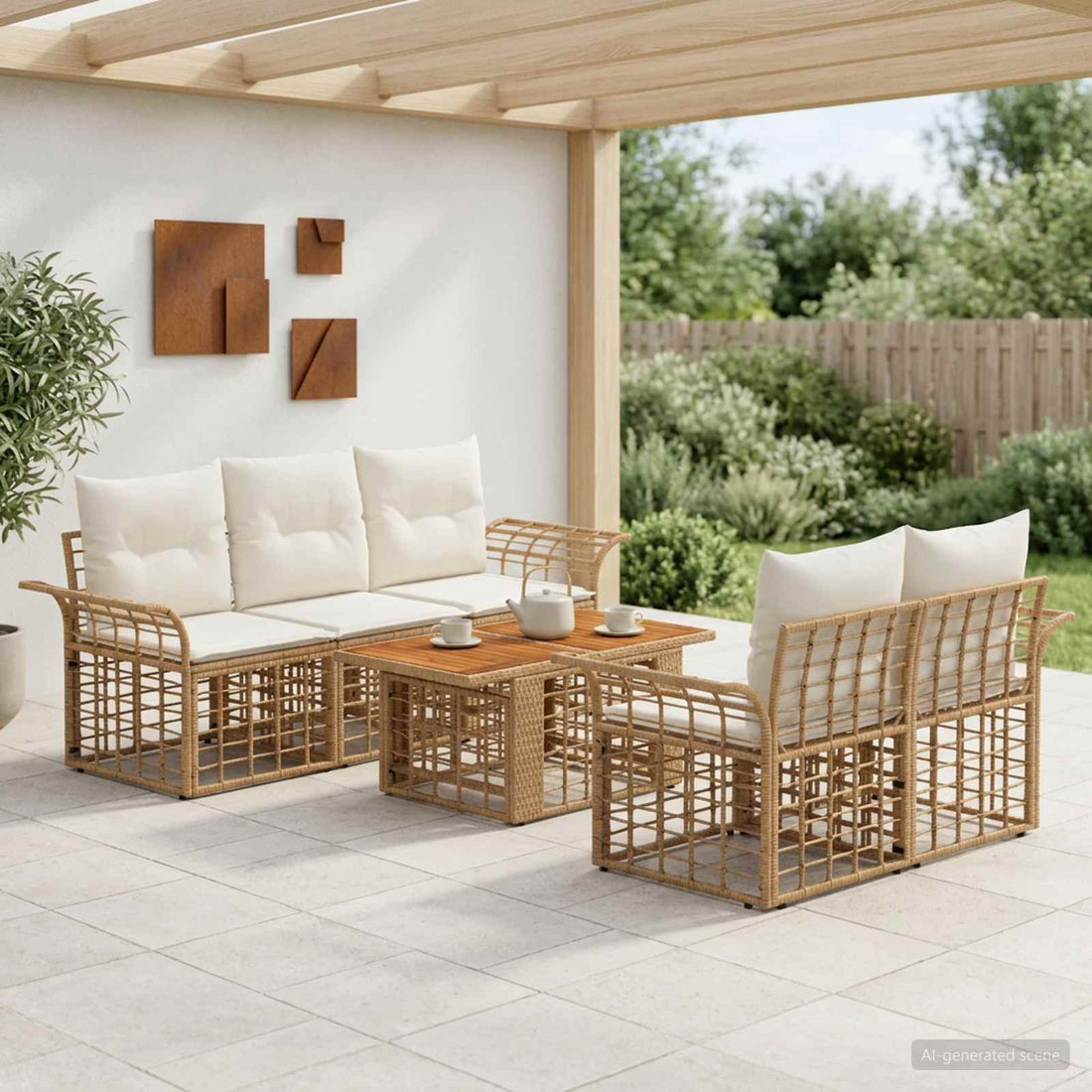 vidaXL Conjunto de sofás de jardín 6 uds. Natural y Crema