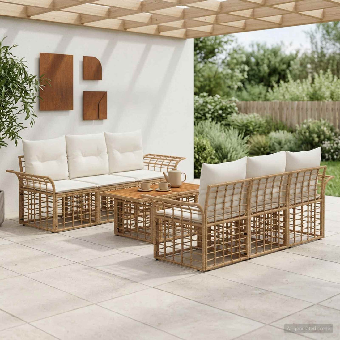 vidaXL Conjunto de sofás de jardín 7 uds. Natural y Crema