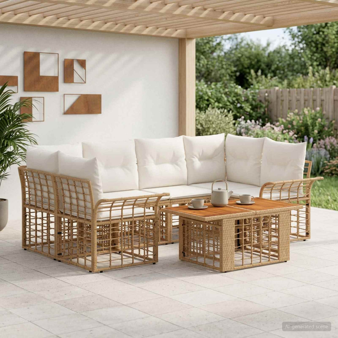 vidaXL Conjunto de sofás de jardín 7 uds. Natural y Crema