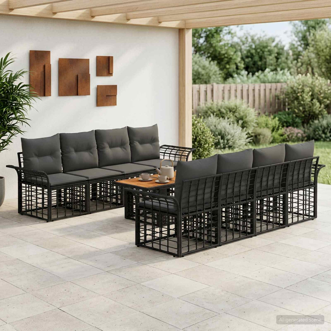 vidaXL Conjunto de sofás de jardín 9 uds. Negro y gris oscuro