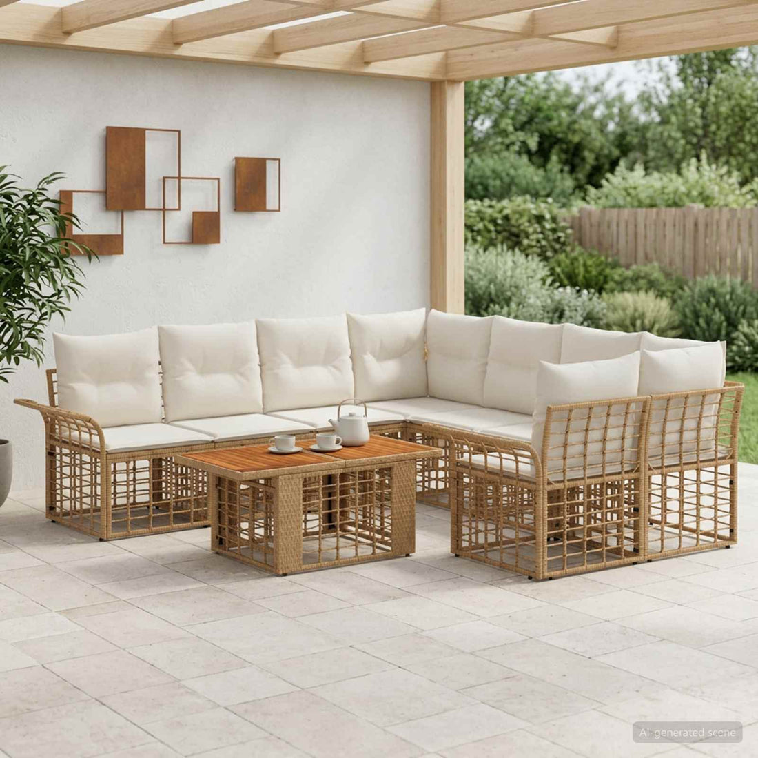 vidaXL Conjunto de sofás de jardín 9 uds. Natural y Crema