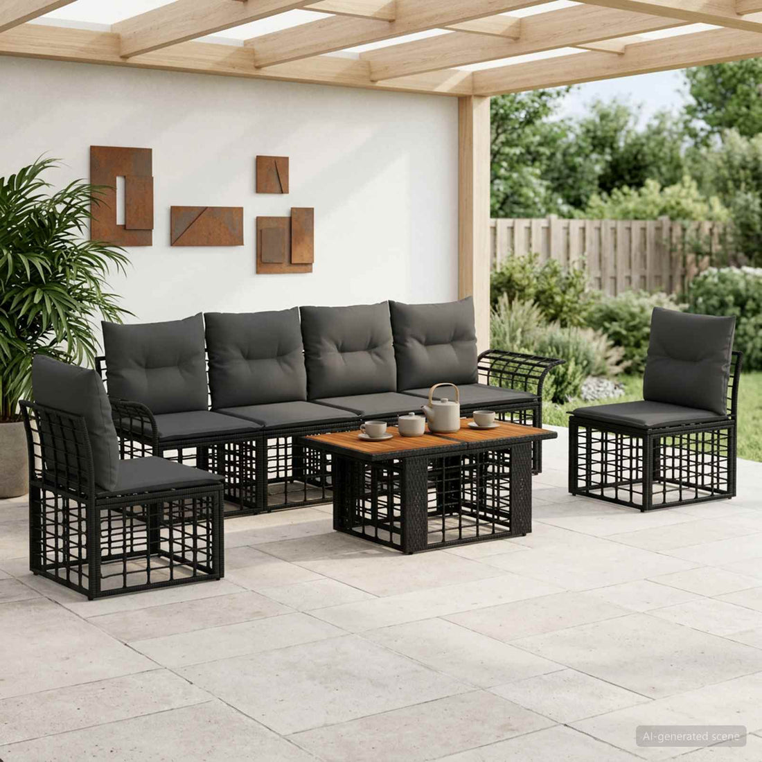 vidaXL Conjunto de sofás de jardín 7 uds. Negro y gris oscuro