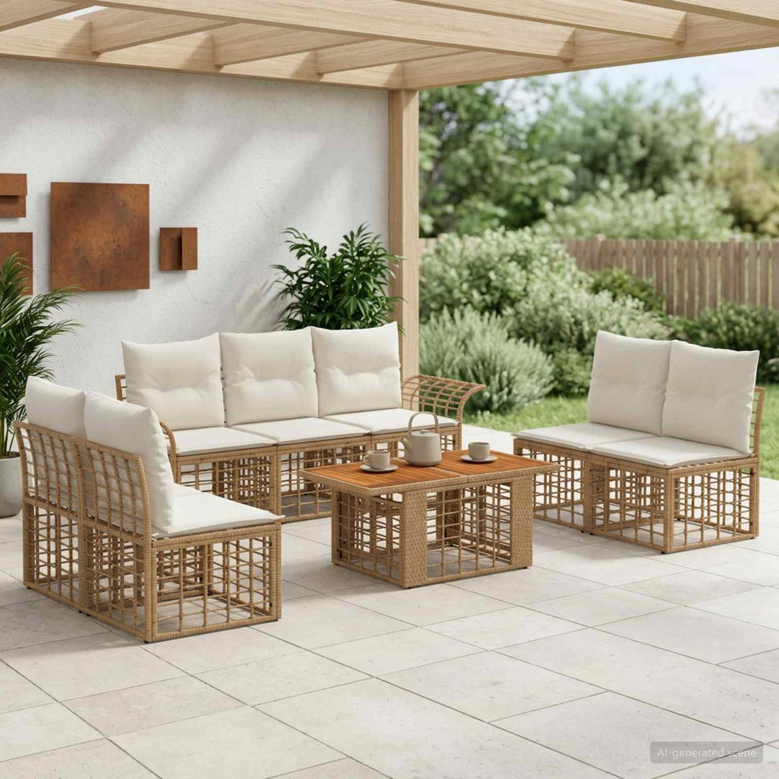 vidaXL Conjunto de sofás de jardín 8 uds. Natural y Crema