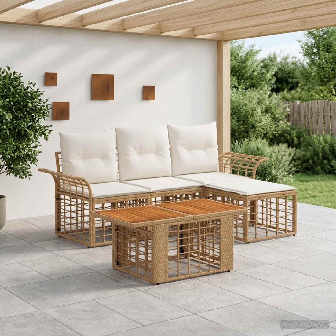 vidaXL Conjunto de sofás de jardín 5 uds. Natural y Crema
