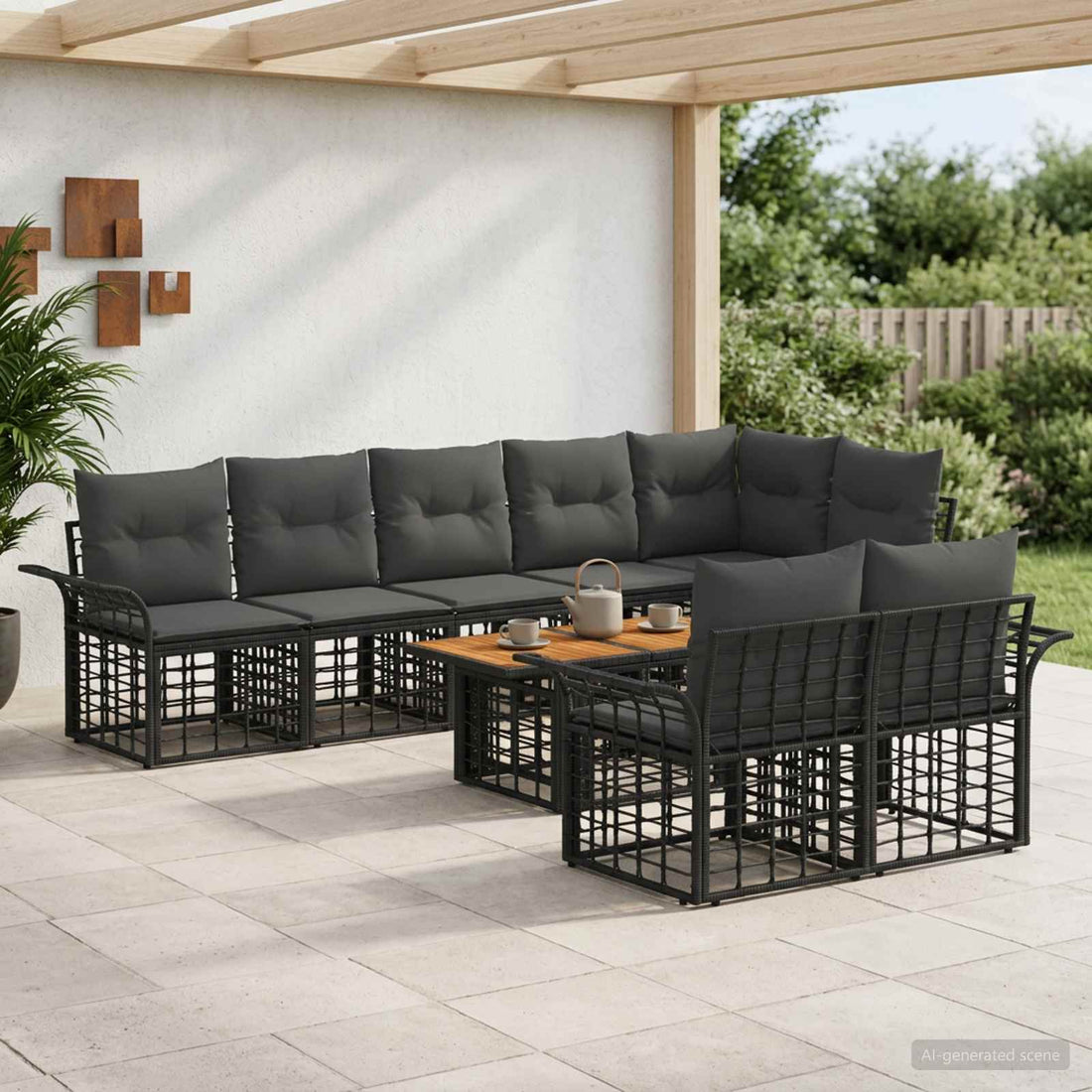 vidaXL Conjunto de sofás de jardín 9 uds. Negro y gris oscuro