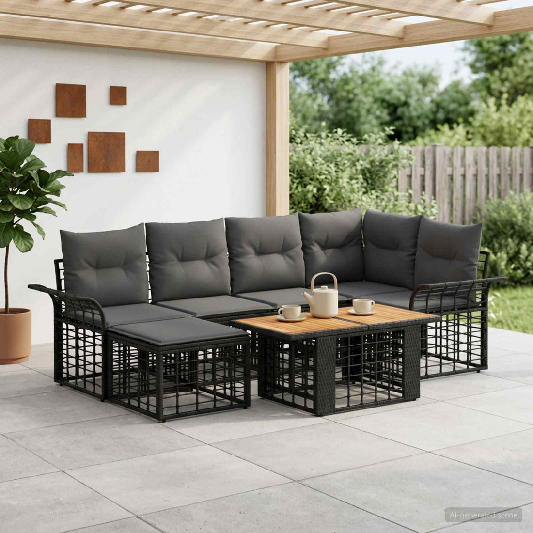 vidaXL Conjunto de sofás de jardín 7 uds. Negro y gris oscuro