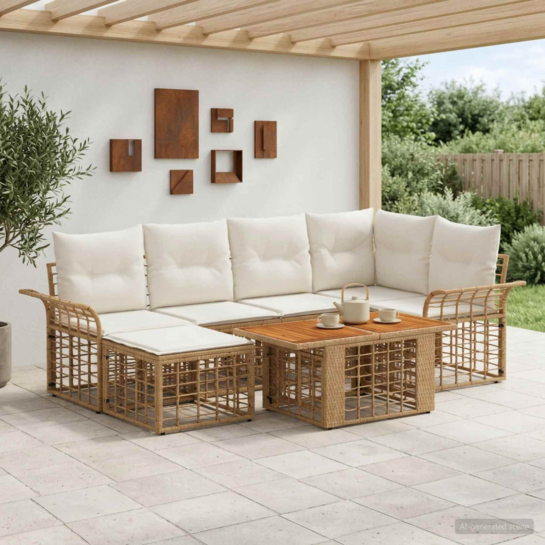 vidaXL Conjunto de sofás de jardín 7 uds. Natural y Crema