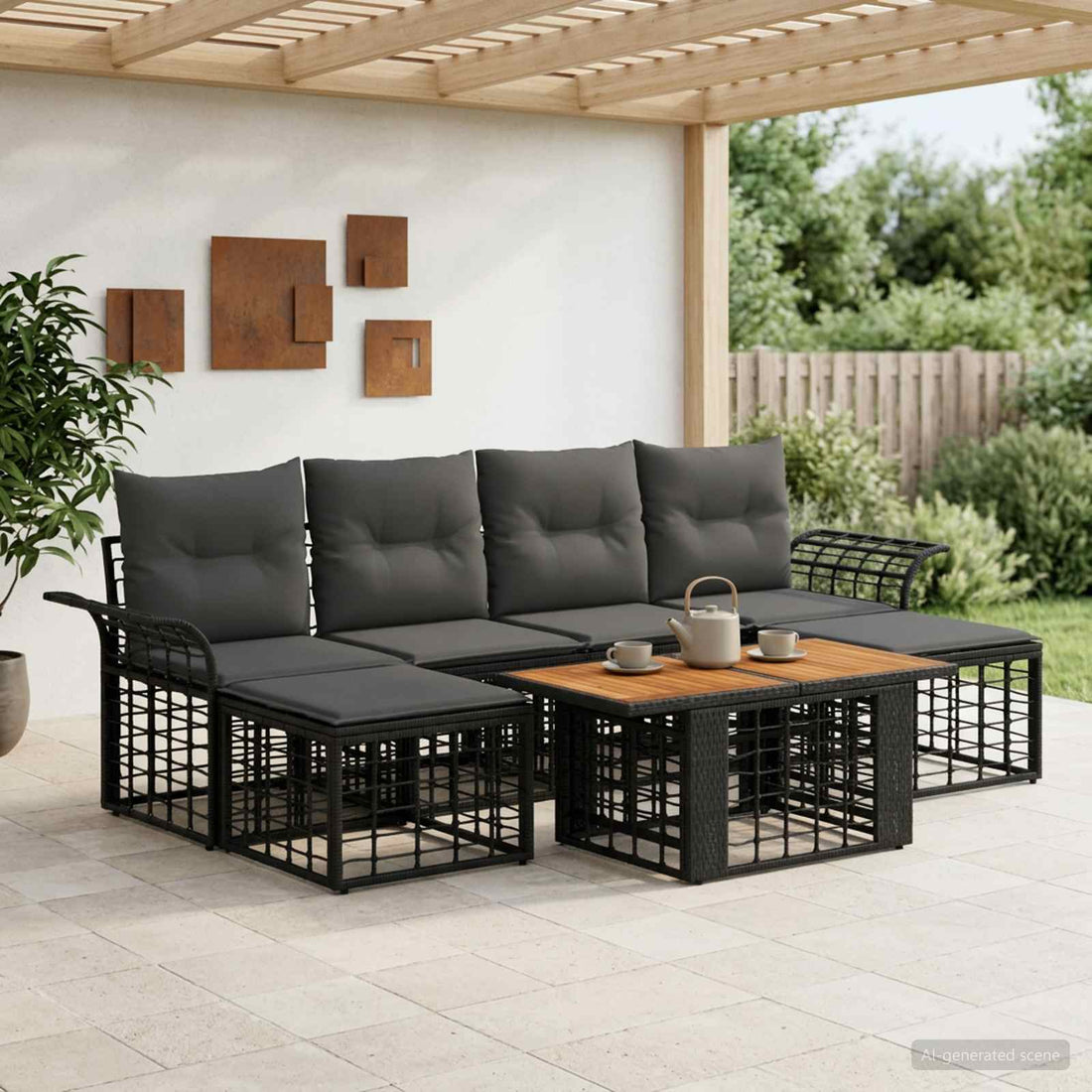vidaXL Conjunto de sofás de jardín 7 uds. Negro y gris oscuro