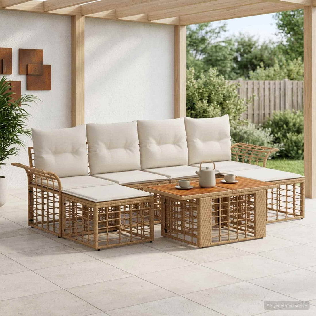 vidaXL Conjunto de sofás de jardín 7 uds. Natural y Crema