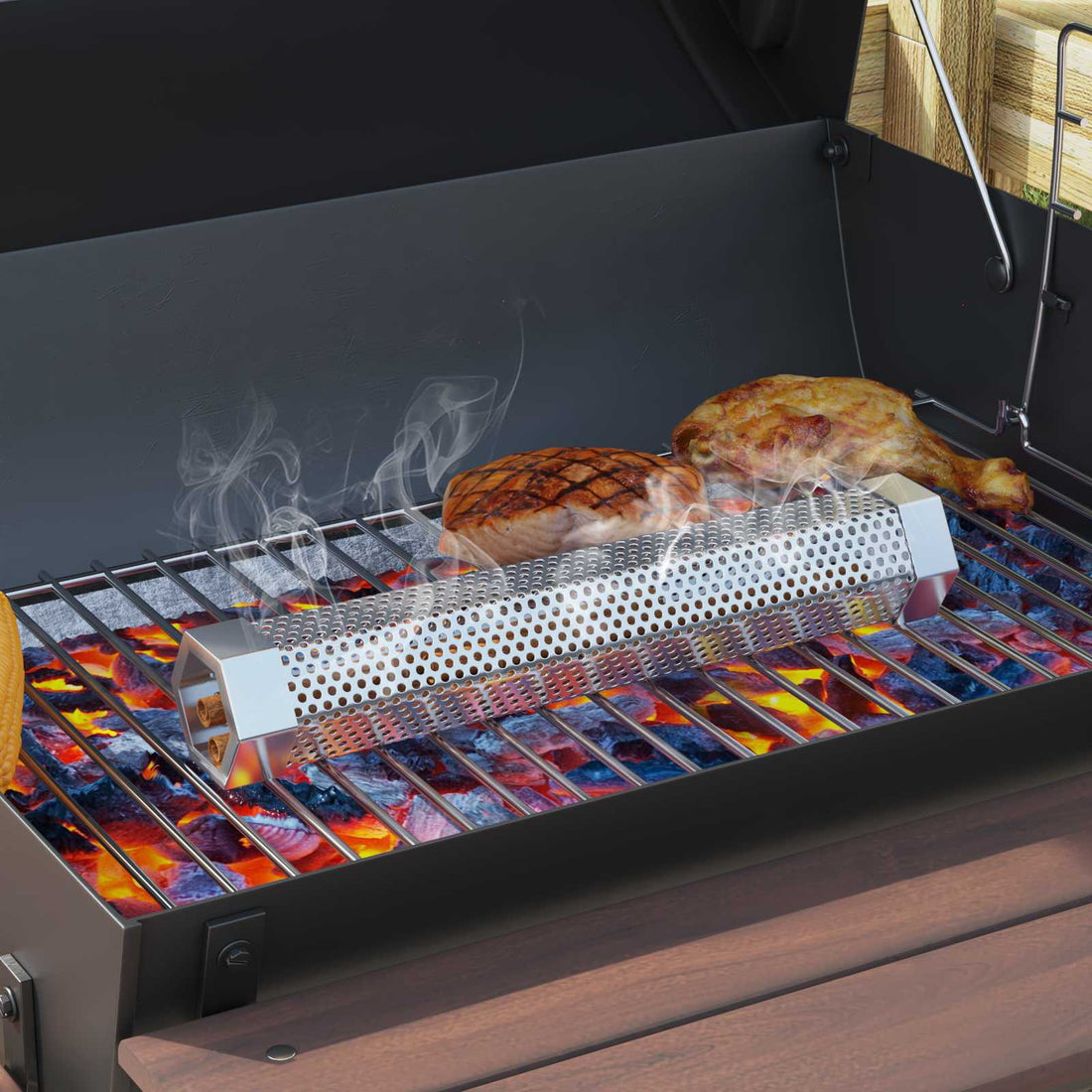 vidaXL Parrilla de barril con ruedas y estantes 3 uds. Metal Negro