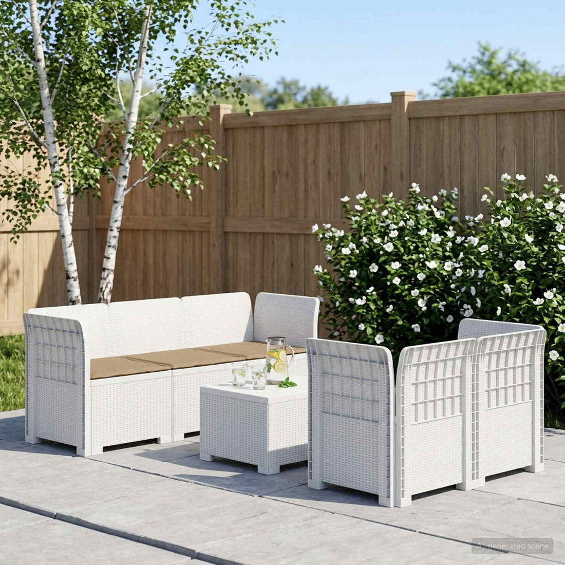 vidaXL Sofá de Jardín de 5 Plazas con Cojines Estilo Ratan PP Blanco