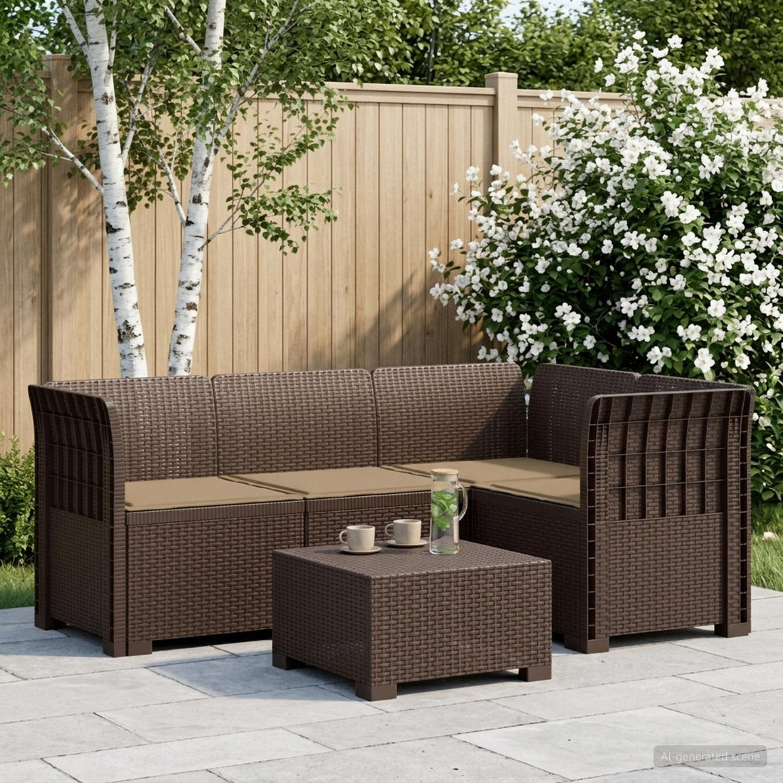 vidaXL Sofá de Jardín para 4 Personas con Cojines Estilo Rattan PP
