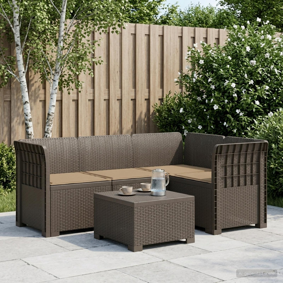 vidaXL Sofá de Jardín para 4 Personas con Cojines Estilo Rattan PP