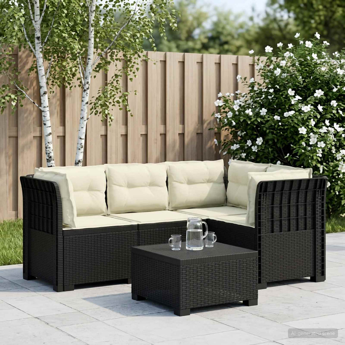vidaXL Sofá de Jardín para 4 Personas con Cojines Estilo Rattan PP