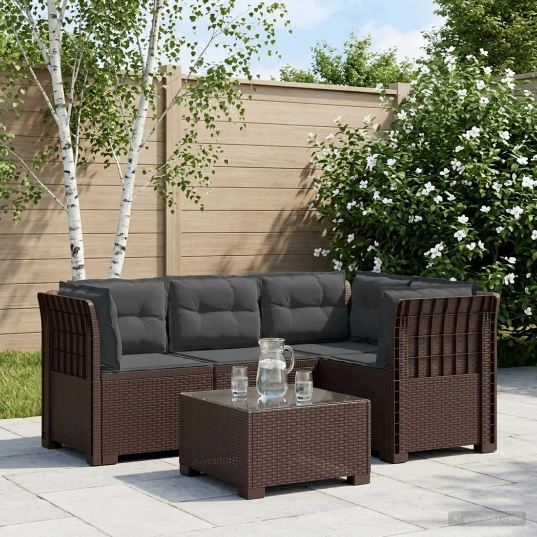 vidaXL Sofá de Jardín para 4 Personas con Cojines Estilo Rattan PP