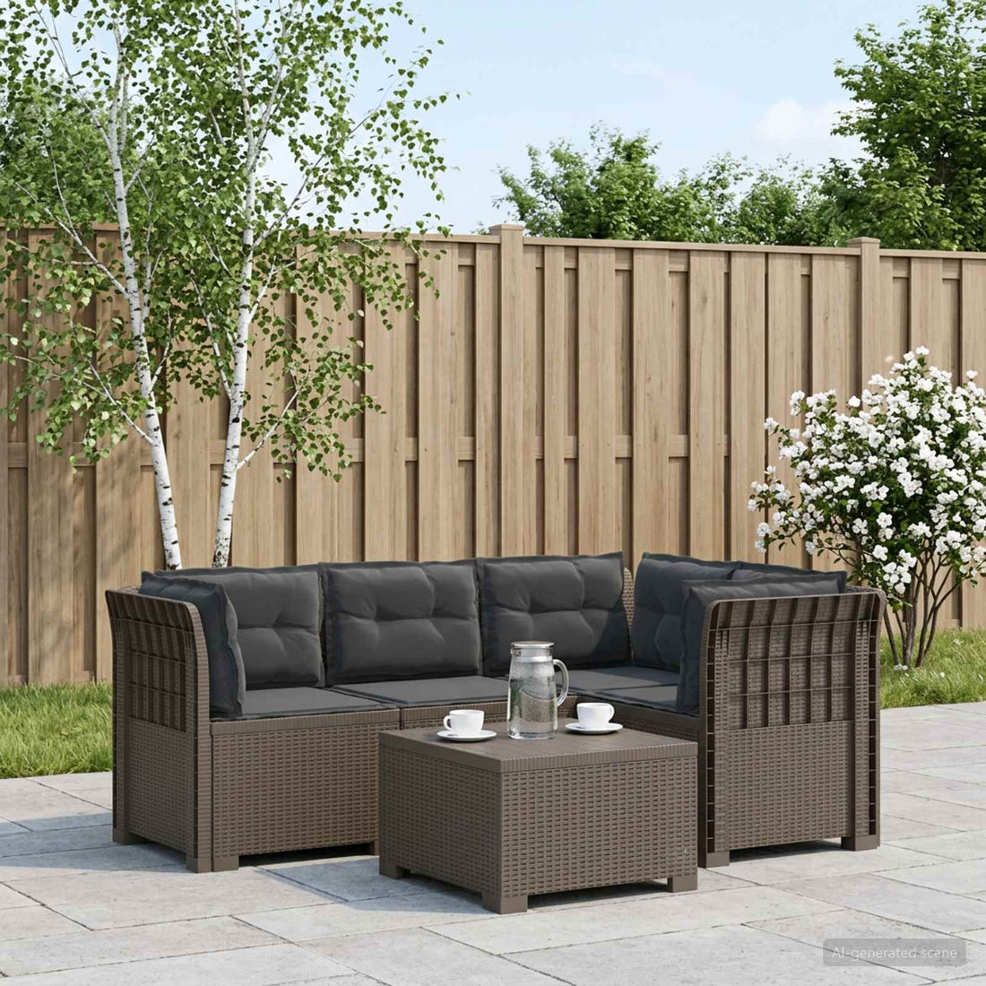 vidaXL Sofá de Jardín para 4 Personas con Cojines Estilo Rattan PP