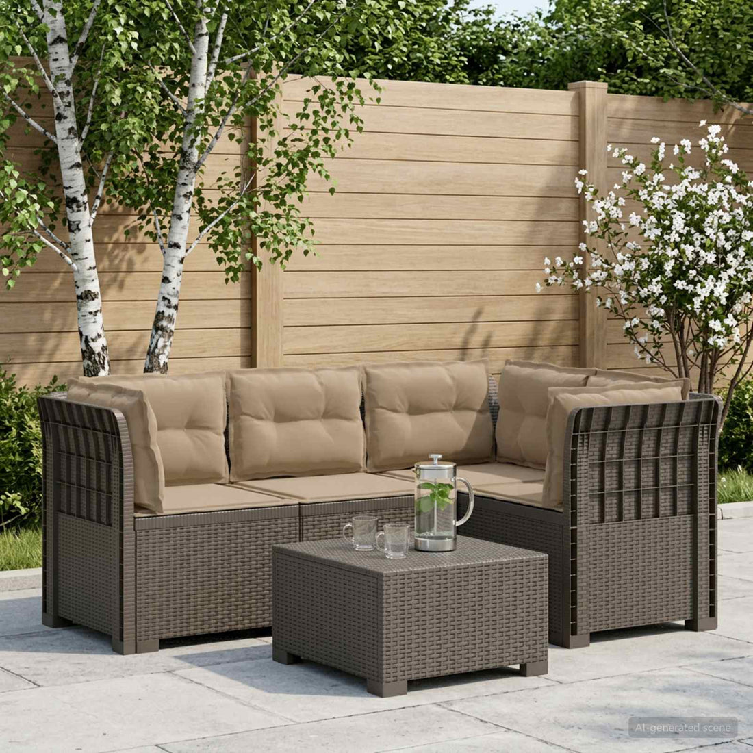 vidaXL Sofá de Jardín para 4 Personas con Cojines Estilo Rattan PP