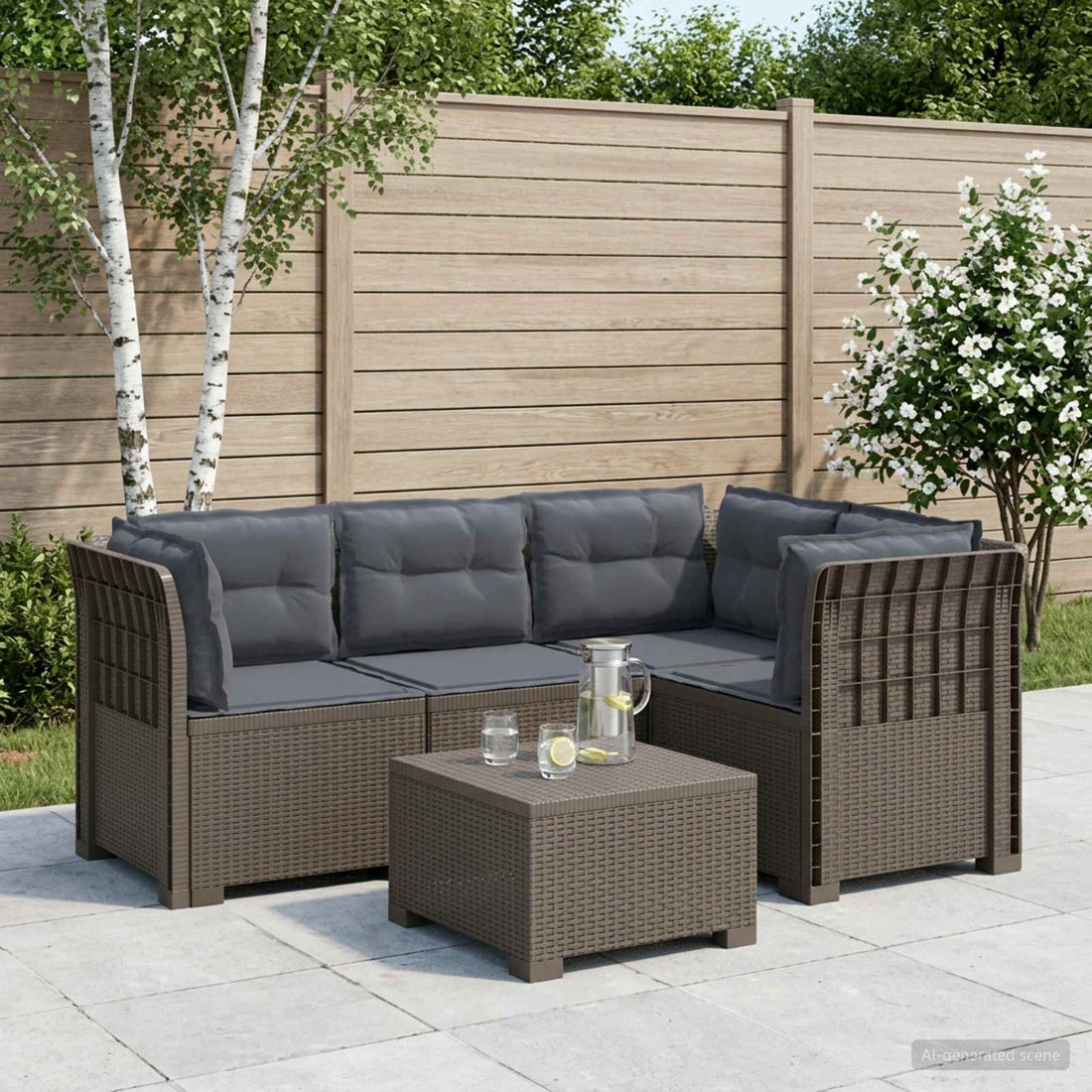 vidaXL Sofá de Jardín para 4 Personas con Cojines Estilo Rattan PP