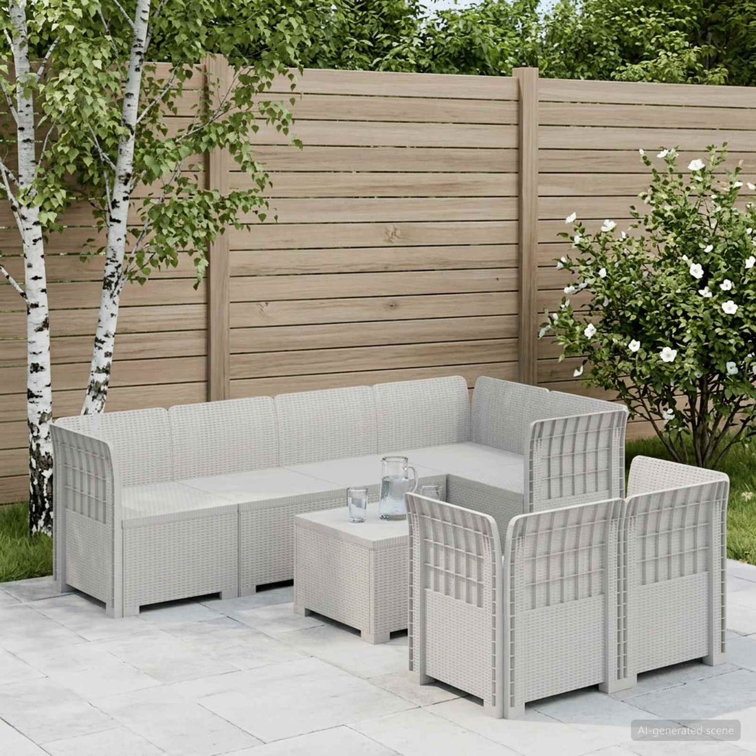 vidaXL Sofá de Jardín para 7 Personas Estilo Ratan PP Blanco