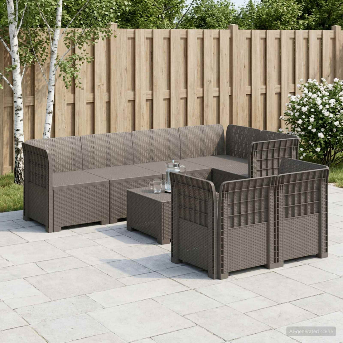 vidaXL Sofá de Jardín para 7 Personas Estilo Ratan PP Gris Claro