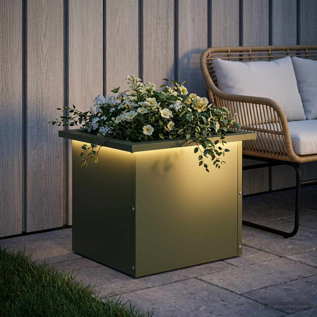 vidaXL Jardinera para jardín con luces LED Verde oliva 30 x 40 x 30 cm