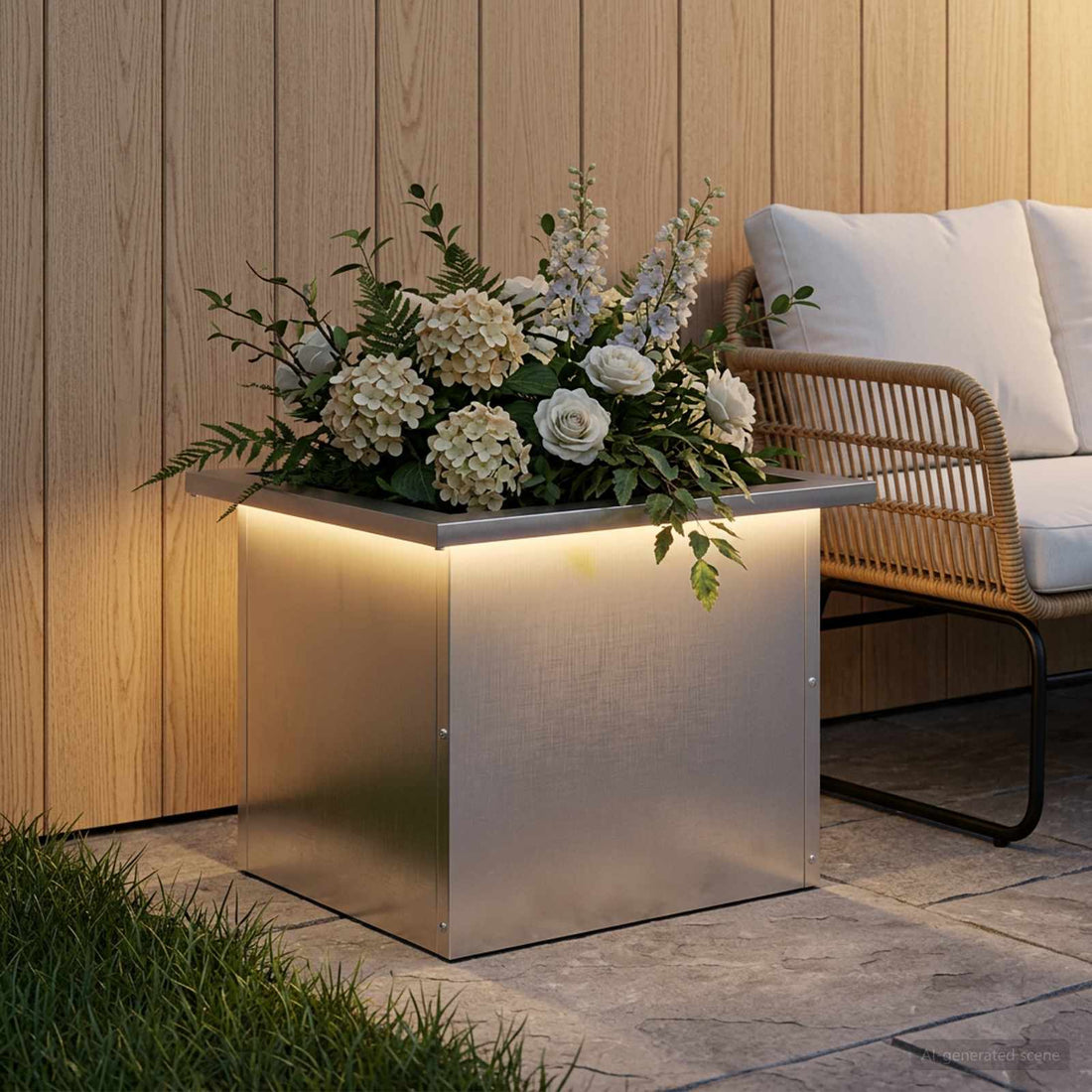 vidaXL Jardinera para jardín con luces LED Plateado 30 x 40 x 30 cm
