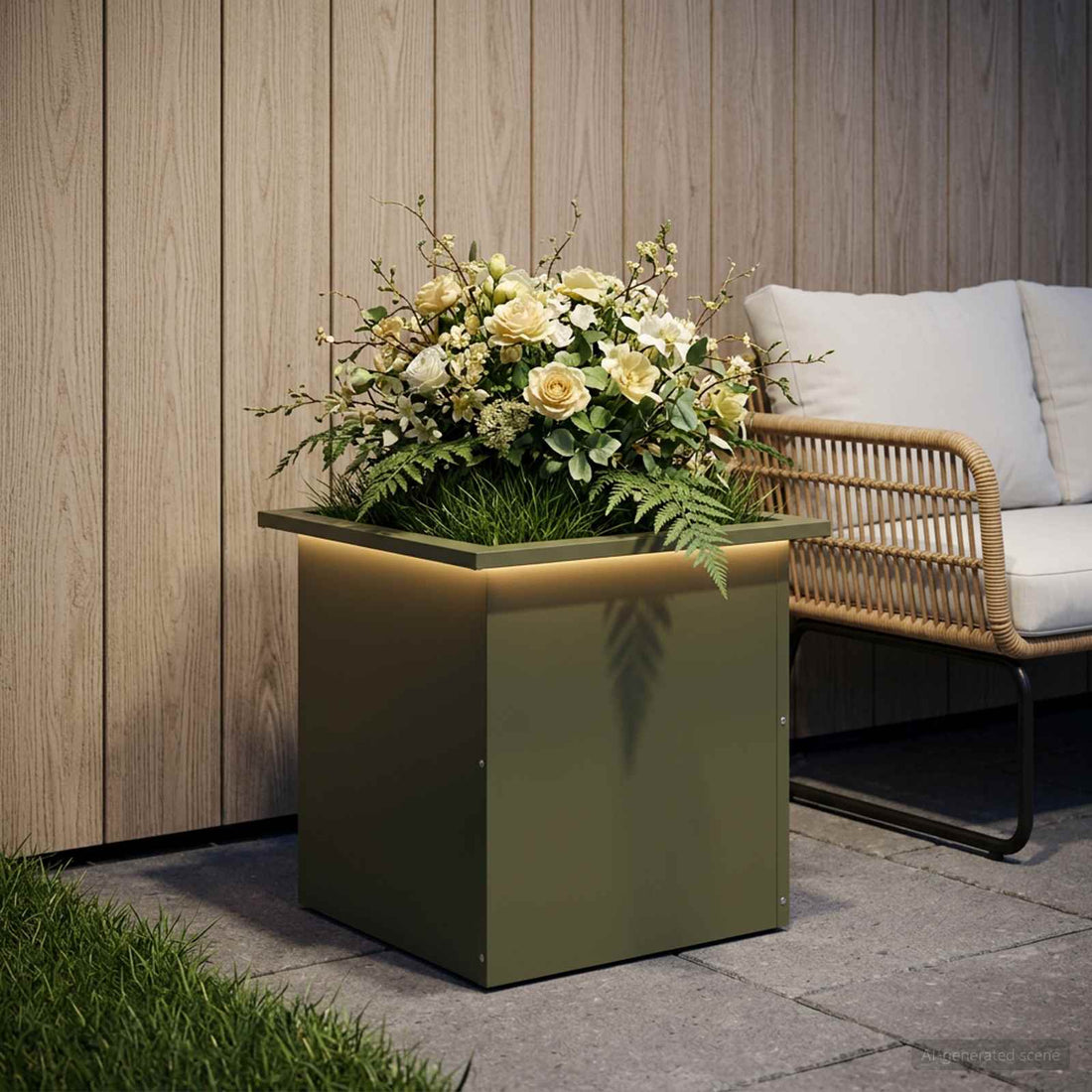 vidaXL Jardinera para jardín con luces LED Verde oliva 40 x 40 x 40 cm