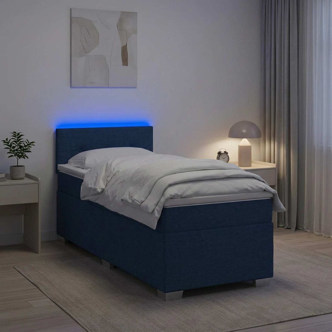 vidaXL Cama con Base Tapizada, Colchón y Luz LED Azul 90 x 200 cm Tela