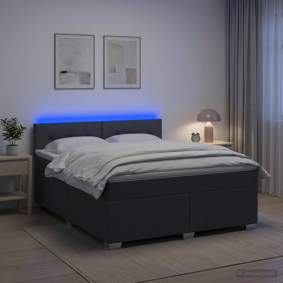 vidaXL Cama con Base Tapizada, Colchón y Luz LED Gris oscuro Tela