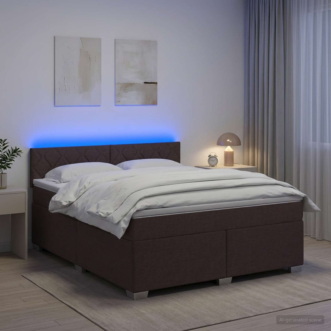 vidaXL Cama con Base Tapizada, Colchón y Luz LED Marrón Oscuro Tela